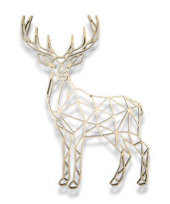Holz-Wanddeko Hirsch im Low-Poly-Stil auf weißem Hintergrund, geometrisches Design, 28 × 38 cm, dekoratives Wandobjekt aus Holz für moderne Wohnideen