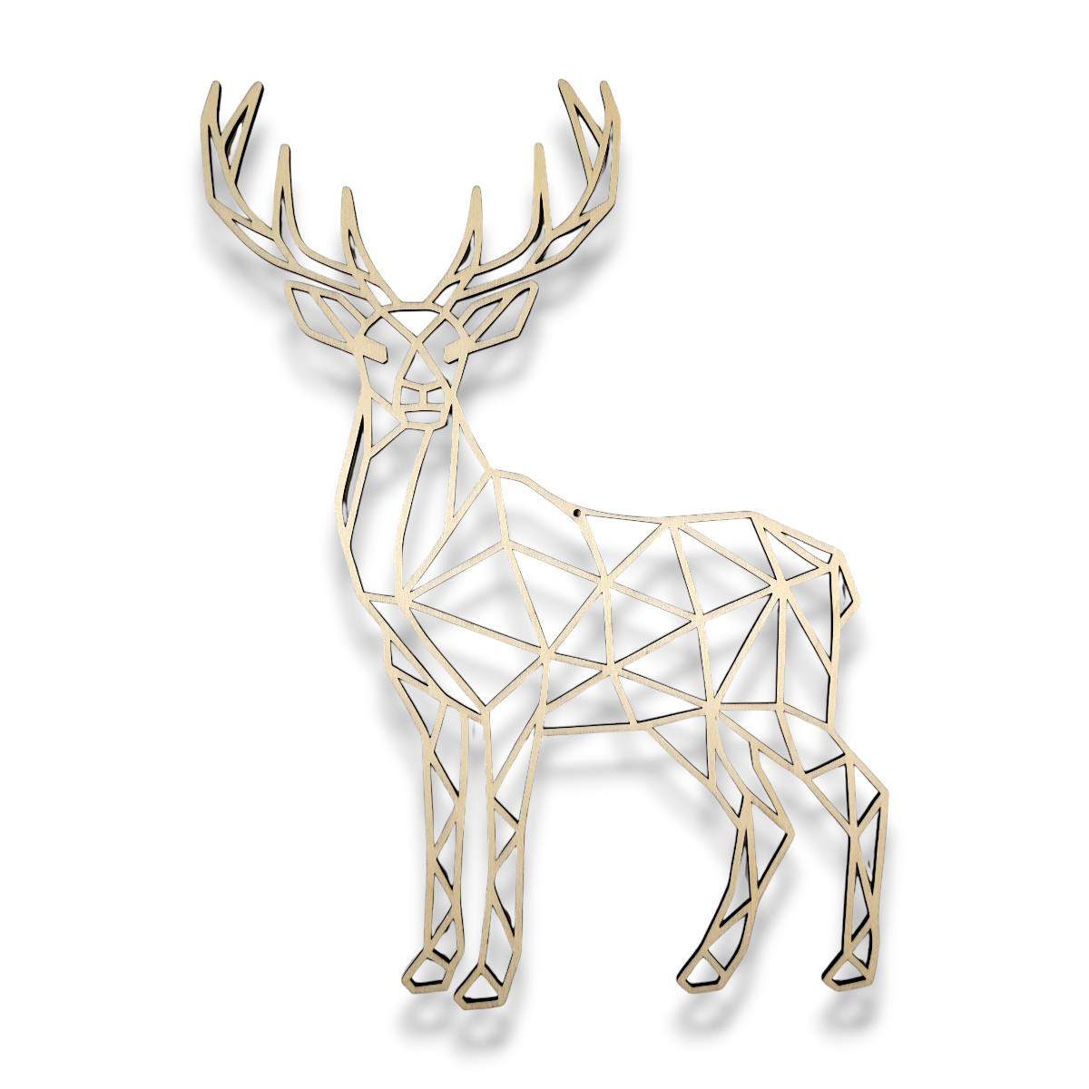 Holz-Wanddeko Hirsch im Low-Poly-Stil auf weißem Hintergrund, geometrisches Design, 28 × 38 cm, dekoratives Wandobjekt aus Holz für moderne Wohnideen