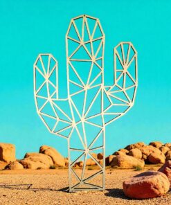 Holz-Wanddeko Kaktus im Low-Poly-Stil mit Wüstenhintergrund, geometrisches Design, 22 × 38 cm, moderne Wanddekoration für Wohnzimmer oder Büro