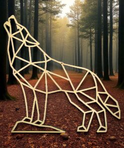 Holz-Wanddeko Wolf im Low-Poly-Stil vor Waldhintergrund, geometrisches Design, 38 × 38 cm, dekoratives Wandobjekt für Wohnzimmer, Büro oder Flur