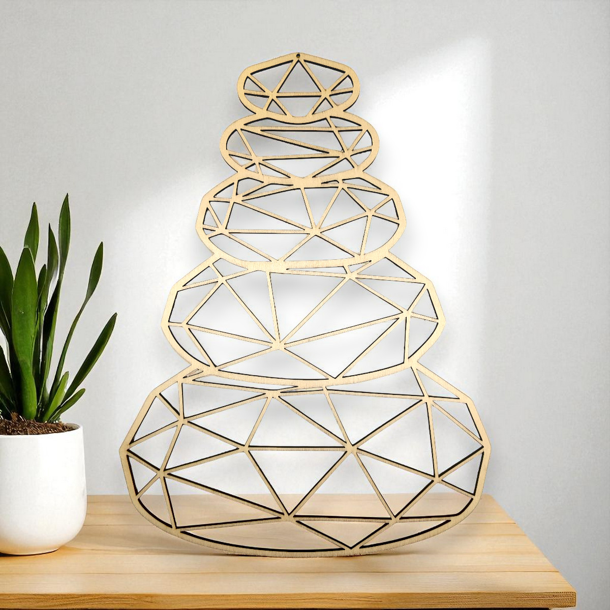 Holz-Wanddeko Zen-Steine im Low-Poly-Stil, 28×38 cm, lasergeschnitten aus Pappelholz mit dunklen Schnittkanten